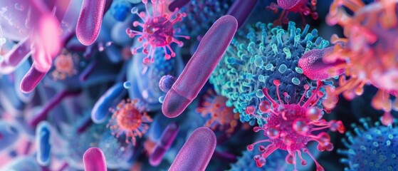 Artistic depiction of microscopic world with stylized bacteria and immune cells in vibrant colors, against blue backdrop, conveying complexity and fascination.