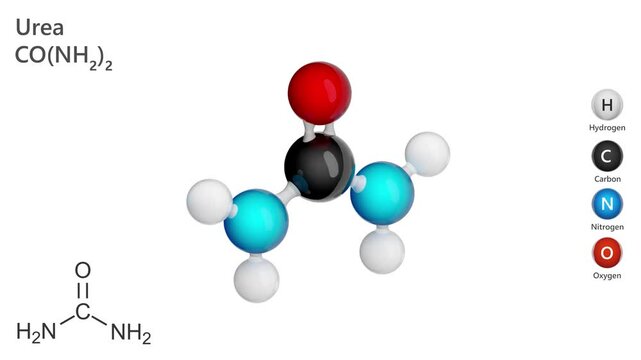 Urea, (carbamide) is an organic compound with the chemical formula CO(NH2)2. Urea is the main nitrogen-containing substance in the urine of mammals, used as a fertilizer. 3d rendering. Seamless loop