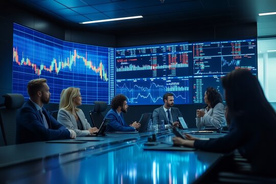 Team strategizing in a modern conference room with digital market analysis displayed on large screens during a business meeting