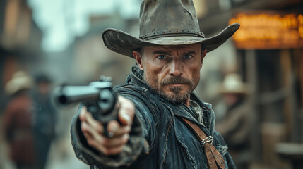 Obraz premium A determined cowboy aims his pistol, ready for action.