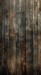 Fototapeta premium Image of aged, weathered wooden wall with rusty nail holes. The rich texture evokes historical depth and time-worn character.