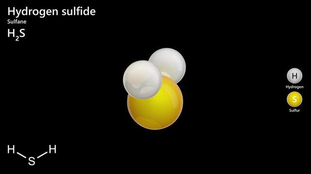 The 3D model of Hydrogen sulfide molecule H2S. It is a colorless chalcogen-hydride gas, and is poisonous, corrosive and flammable, having a foul odor of rotten eggs. 3d render. Black background