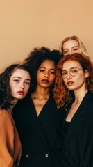 Fototapeta premium Four smiling women in close proximity. Variety in hair colors, styles, and clothing. Bright and cheerful atmosphere.