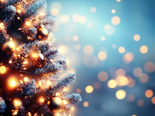 christmas tree lights, close up blurred christmas tree with bokeh light background
