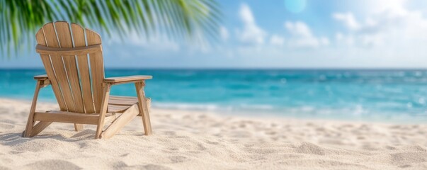 Beach chairs on sandy beach with palm tree and turquoise sea. Summer vacation and travel concept