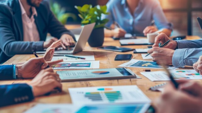 Seven people in casual attire discuss documents at a wooden table with electronic devices and plants. Blackboard in the background indicates a formal meeting.