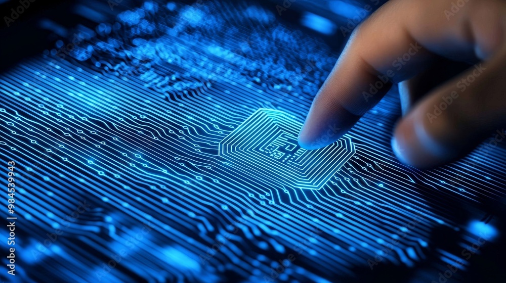 Poster blue icons and data are displayed in a digital interface interacting with a hand.