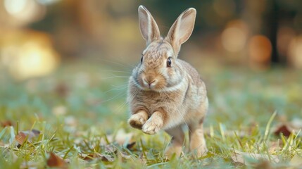 Fototapeta premium A brown rabbit running through a field of green grass and fallen leaves.