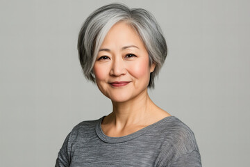 Fototapeta premium Middle Aged Asian Woman Portrait with Wrinkled Face and Deep Emotions, Wearing a Casual Clothes on a Neutral Background - Ideal for Lifestyle and Emotion Themed Stock Photography