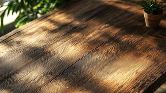 Wooden table top angle view close up mock up. Wooden texture background. Sunlight on a wooden table