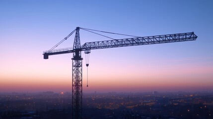 Hyper-realistic depiction of a large construction crane towering over an urban landscape at dusk