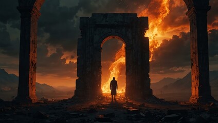 Enigmatic figure before a fiery portal in a dystopian landscape.