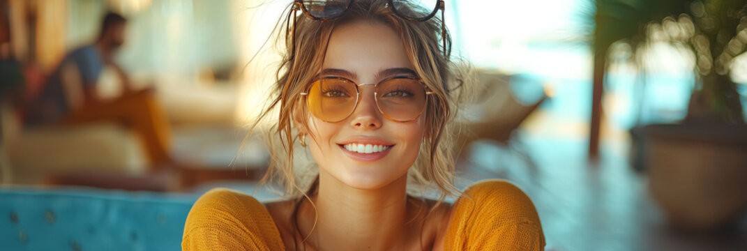 Woman in yellow sweater and sunglasses smiles at the camera. - Powered by Adobe