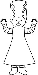 Cute girl wearing Halloween Bride of Frankenstein costume outline vector.
 kid dressed like a Bride of Frankenstein coloring drawing svg.
