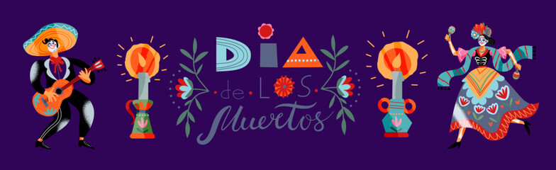 Day of dead. Dia de los muertos. Mexican flower pattern with holiday title, candles and dancing man and woman. Colorful cartoon vector illustration isolated on blue.