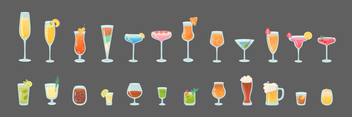 Glasses of alcohol cocktails set vector illustration. Cartoon drinks isolated on black background. Celebration with toasts and cheering. Party time. Summer beach. Beverage menu.