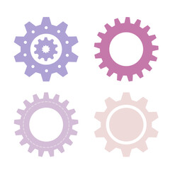 Gear wheel abstract vector set. Collection of different pastel cogwheels isolated on transparent background. Doodle style gear mechanism. New business idea, teamwork, progress, technology concept.