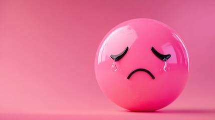 Obraz premium Crying emoji with a tear on a pastel pink background, capturing sadness and empathy, perfect for emotional themes.