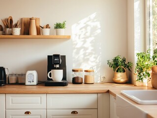 A stylish kitchen interior featuring a coffee machine, plants, and wooden accents, creating a warm and inviting atmosphere.