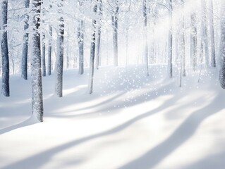 Obraz premium A serene winter landscape featuring snow-covered trees and gentle sunlight filtering through the forest, creating a peaceful atmosphere.