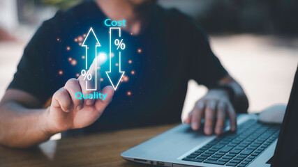 Quality control, Businessman showing cost with down arrow and quality with up arrow for business project management strategy have to control budget cost and improvement quality of product and service.