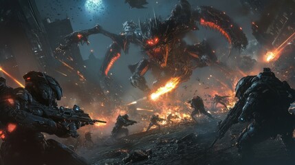 A dramatic battle scene featuring futuristic soldiers fighting a colossal monster amidst chaos.