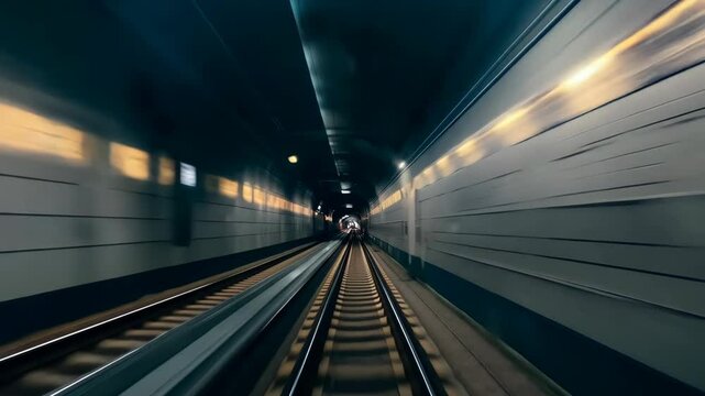 A thrilling ride through the underground railway tunnel capturing the journey at high speed during evening hours