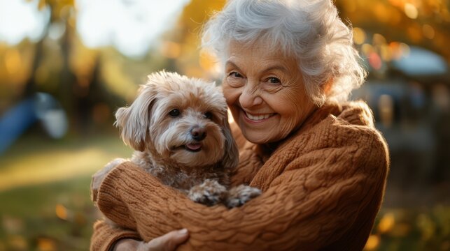 An elderly person joyfully interacting with their emotional support pet in a serene outdoor setting during autumn, reflecting the joy and companionship pets bring to seniors