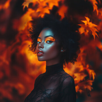 Model With Small Afro Posing for a Picture with Vibrant Orange Autumn Leave in the Background