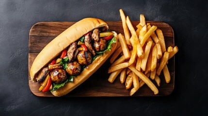 Enjoy a delicious grilled meatball sub overflowing with layers of tender beef, flavorful chicken, and crunchy vegetables, perfectly paired with golden French fries