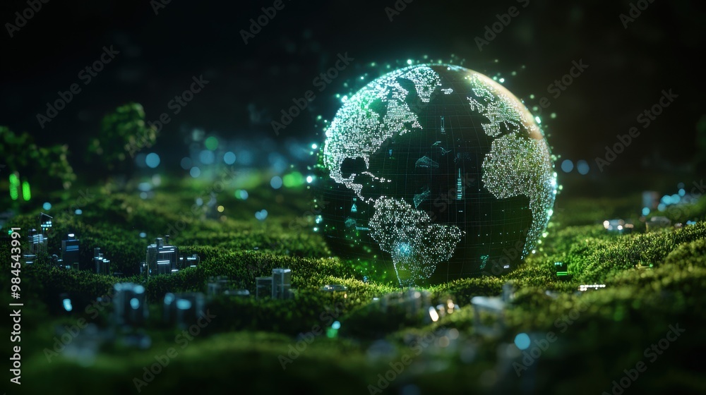 Wall mural 3d rendering of a digital earth hologram floating on top of an electronic chip platform with glowing