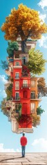 A surreal landscape depicting a man standing beneath an inverted colorful house and vibrant trees against a clear blue sky.