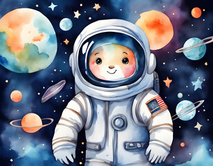 Watercolor Cute Astronaut In Outer Space