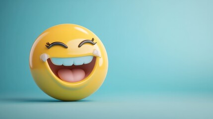 Fototapeta premium Laughing emoji with tears on a pastel blue background, capturing humor and joy, ideal for funny designs.