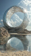 Fototapeta premium A surreal metal ring sculpture reflects in tranquil water under a bright sky, blending art with nature's beauty.
