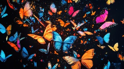 A vibrant display of colorful butterflies against a dark background, creating a lively atmosphere.