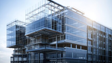 Hyper-realistic image of a modern office building under construction, showcasing the glass facade and steel structure