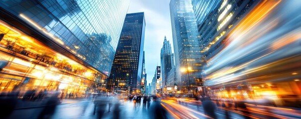 Obraz premium A vibrant cityscape showcasing tall buildings and dynamic motion, emphasizing urban life and modern architecture.