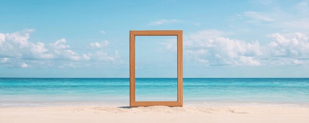 A wooden frame stands on a serene beach, overlooking calm ocean waves and a clear blue sky, inviting creative expression.