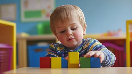 Adorable toddler boy with Down Syndrome stacking colorful blocks during occupational therapy session in preschool classroom, focusing on developmental learning and motor skills improvement