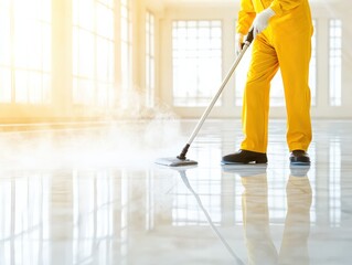 Fototapeta premium A professional in a yellow suit uses a steam cleaner to sanitize a shiny floor in a bright, sunlit room.