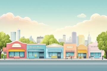 Row of colorful storefronts and shops in urban city landscape