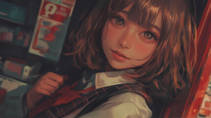 A cute Japanese high school girl with short hair is wearing a white blouse and a black blouse, a plaid skirt, suspenders around her waist, posing for photos in front  an anime-style convenience store