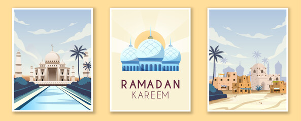 Ramadan kareem posters set. Traditional islamic postcards. Belief, faith and religion. East asian culture and traditions. Arabic holiday. Flat vector collection