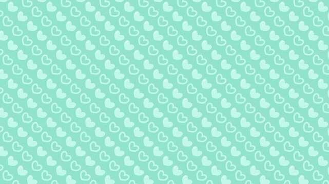 Two types of small heart patterns scroll diagonally. 4K motion loop green background.