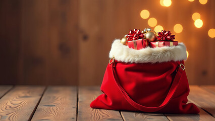 Large open red santa claus bag with lot of gifts, festive christmas card, space for text, festive golden blurred background