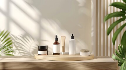 Cosmetic bottles on wooden table product presentation mokup design