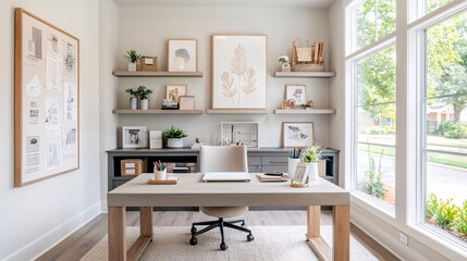 Fototapeta premium A captivating workspace inside a modern home office, showcasing a sleek desk, organized shelves, and inspirational decor. Natural light filters through large windows, creating an inviting and