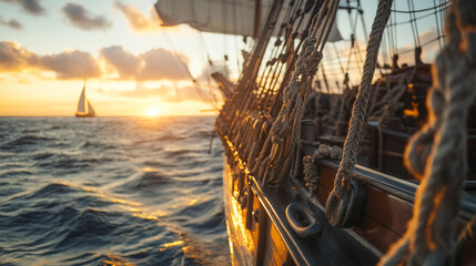 Sailing the open sea at sunset to commemorate Columbus Day in historic vessels