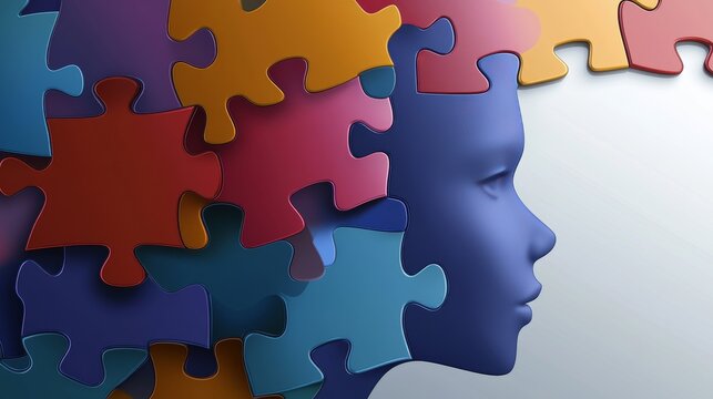 Autism spectrum disorder education concept with 3D puzzle pieces forming a child’s head, symbolizing social development and learning challenges in autistic children and students